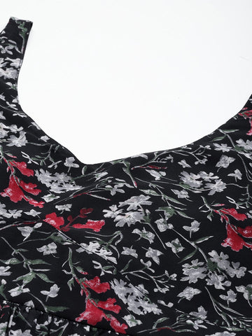Varanga Women Black Floral Printed V Neck Tiered Dress With Flared Hem Vdrs41093